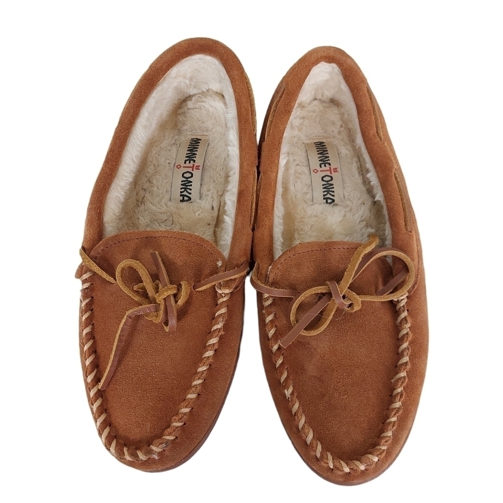 Minnetonka Brown Suede Moccasin Slipper‎ Womens Sz 8 Rubber Sole Shoe 3502
